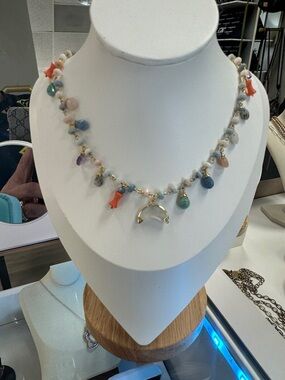 Beaded Multicolor Charm Necklace - Designer Style Sterling silver